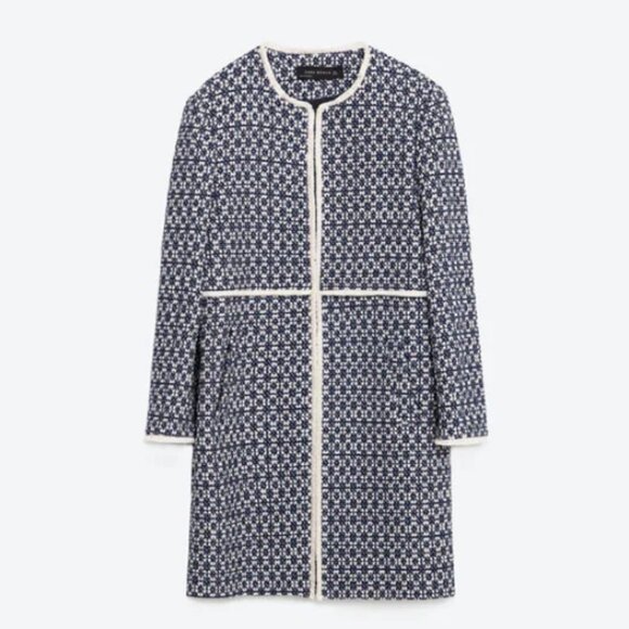Zara Viral The Frayed Printed Coat in Ecru and Blue @thatcoat Size XL - Picture 2 of 13